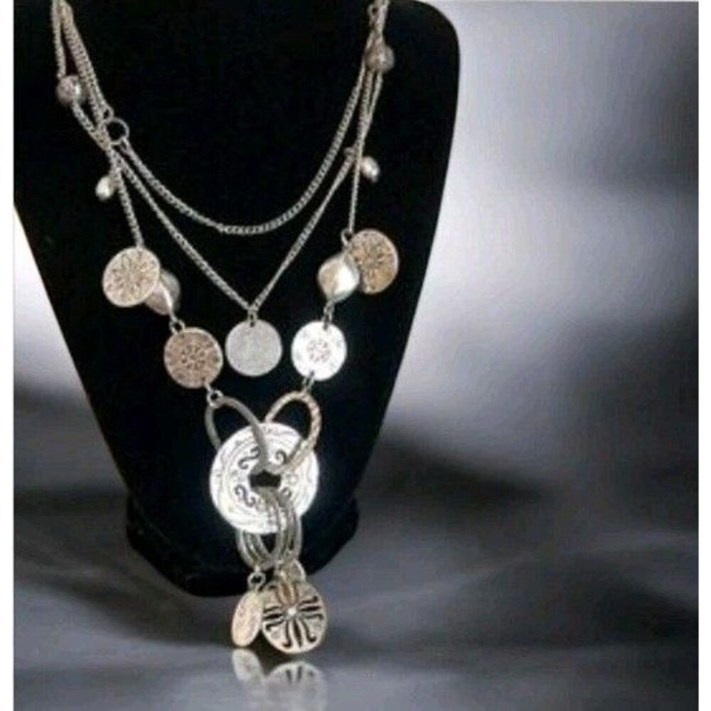 Macy's Eclectic Ethnic Design Multi Layer Disc Silver Tone Rhinestone Necklace